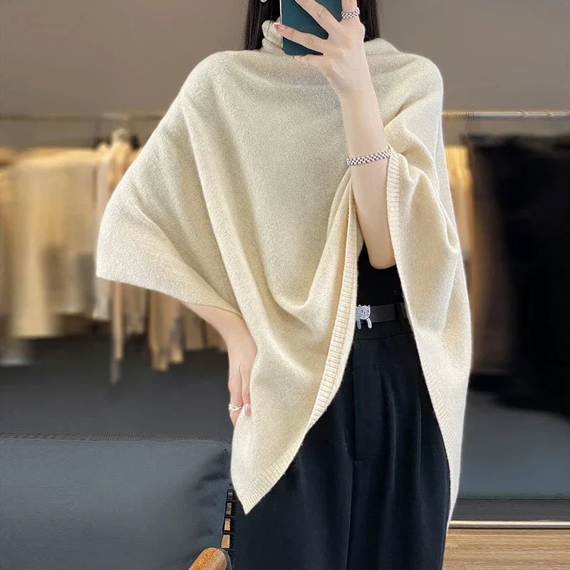 Turtleneck Cashmere Poncho Pullover Shawls 100%Wool Knitted Irregular Cloak Fashion Soft Warm Wollen Bat Sleeve Loose Pullovers