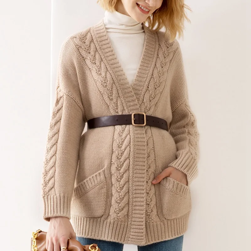 Europe and america borderVCollar Elegant Knitted Cardigan2024Autumn and Winter New Loose Twist Mid-Length Sweater Women's