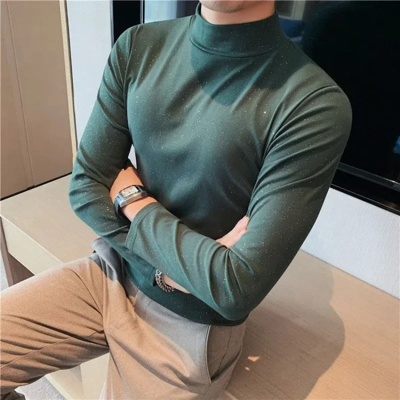 

Korean Fashion Men T-Shirts New Spring Autumn Mock Neck Solid Sequined Trend Smart Casual Long Sleeve Slim Bottoming ShirtTops