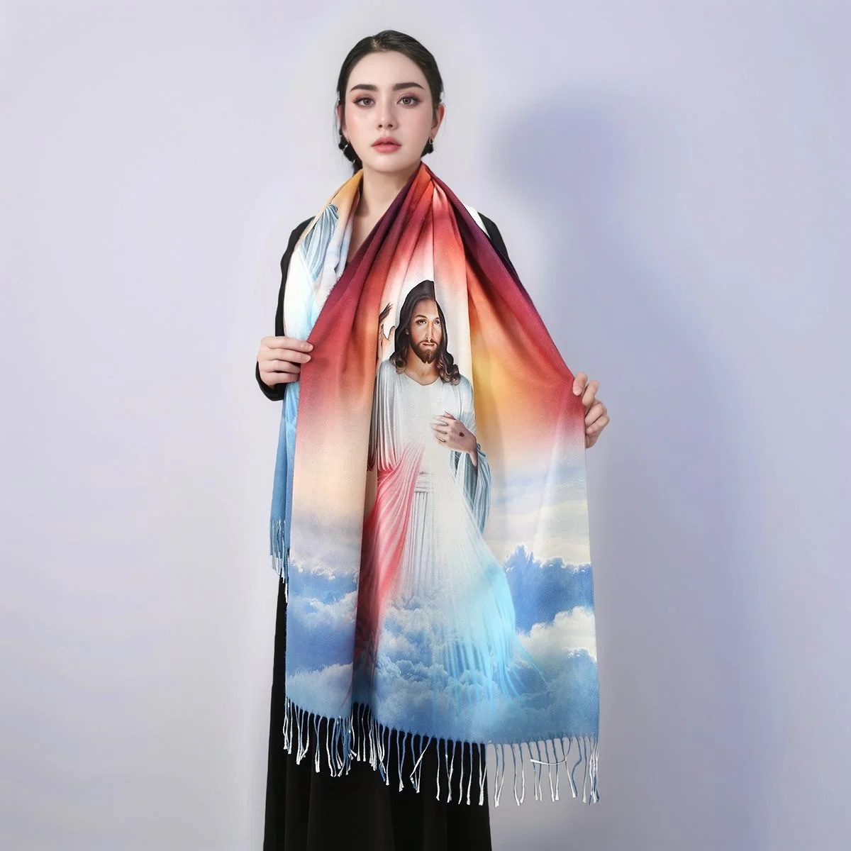 Vintage Jesus Christ Portrait Print Cashmere Scarf Religious Belief Sacred Heart Tassel Shawl Wrap Winter Prayer Scarf 180*70cm