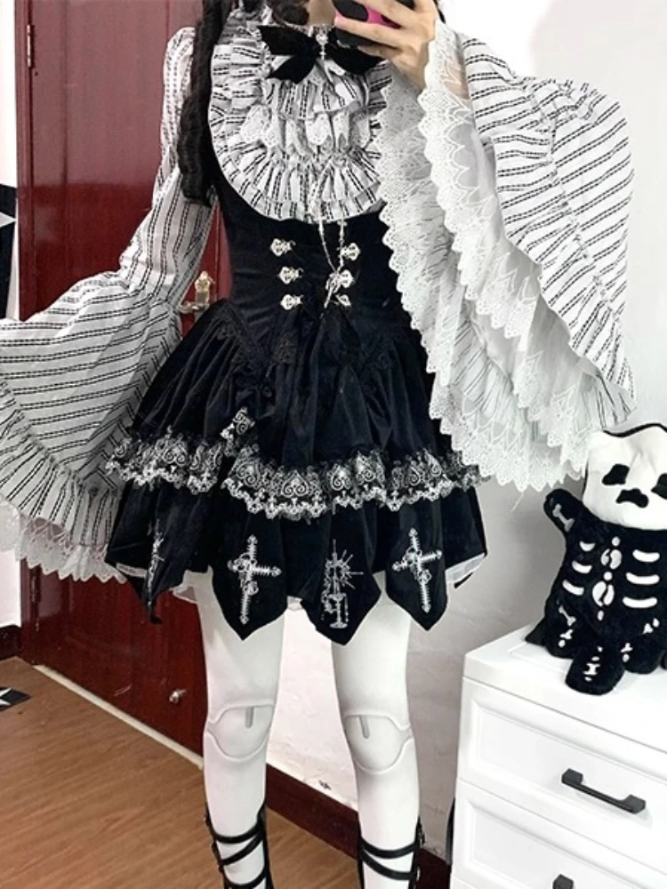 

Harajuku New Darkly Sweet Lolita 2 Piece Set Women Cute Bow Striped T-shirt +Slim Strap Skirt Japanese Lace Design Retro Outfits