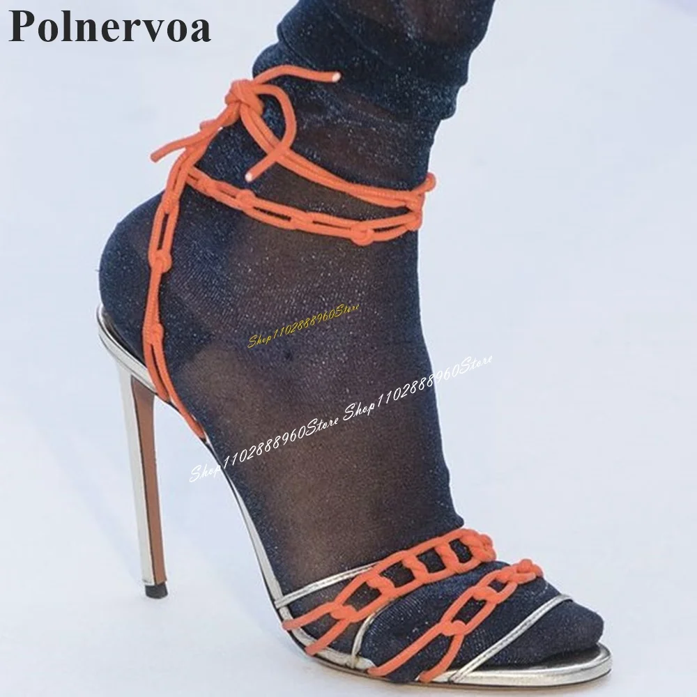 

Catwalk String Chain Strappy Shallow Sandals Thin High Heel Shoes For Women Lace Up Open Toe 2024 Fashion Zapatos Para Mujere