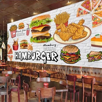 Bakstenen Muur Fast Food Restaurant Industriële Decor Custom Muurschildering Behang Gebakken Kip Hamburger Pizza Snack Bar Decor Muur Papier