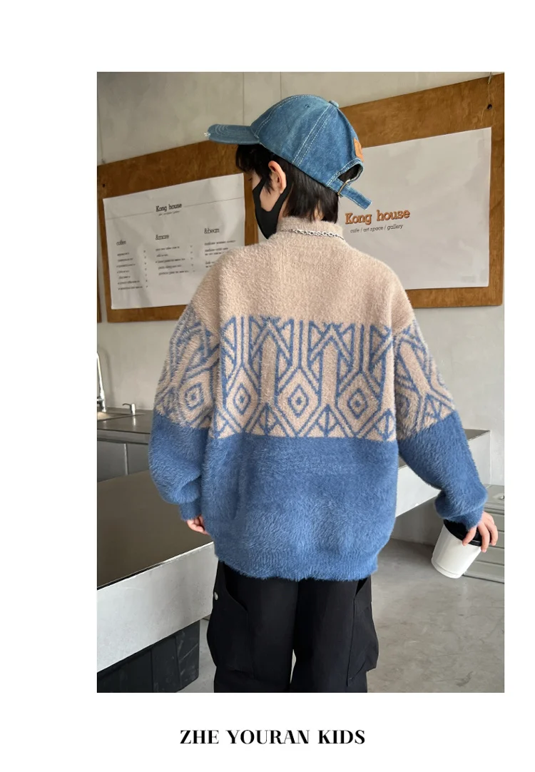 Frühlingsmode Jungen Nerzpullover für 5-14-Jährige Kinder Geometrische Strickwaren Eleganter Halbrollkragen Gestrickte Kleidung – Detail 8