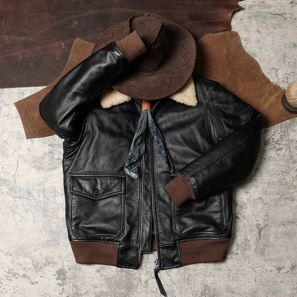 DSC681 Super Offer! US Big Size Air Force G1 Pilot Warm Real Removable Fur Collar Genuine Cow Leather Coat Cowhide Bomber Jacket