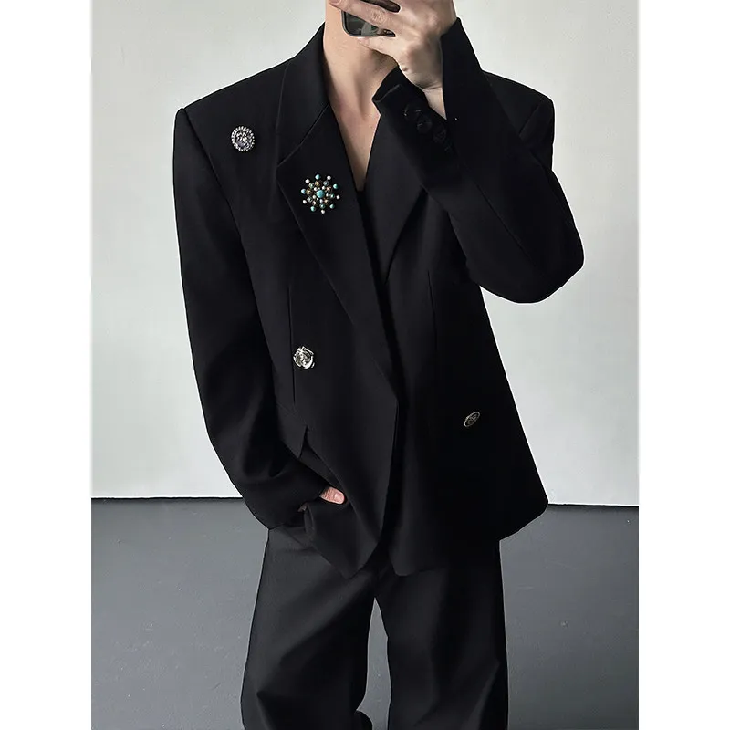 

Bla oulder Pad Suit Jaet for Men And Women Korean Sle Chest Pin Chic Unique Leisure Polyester Fiber Autumn Long Sve