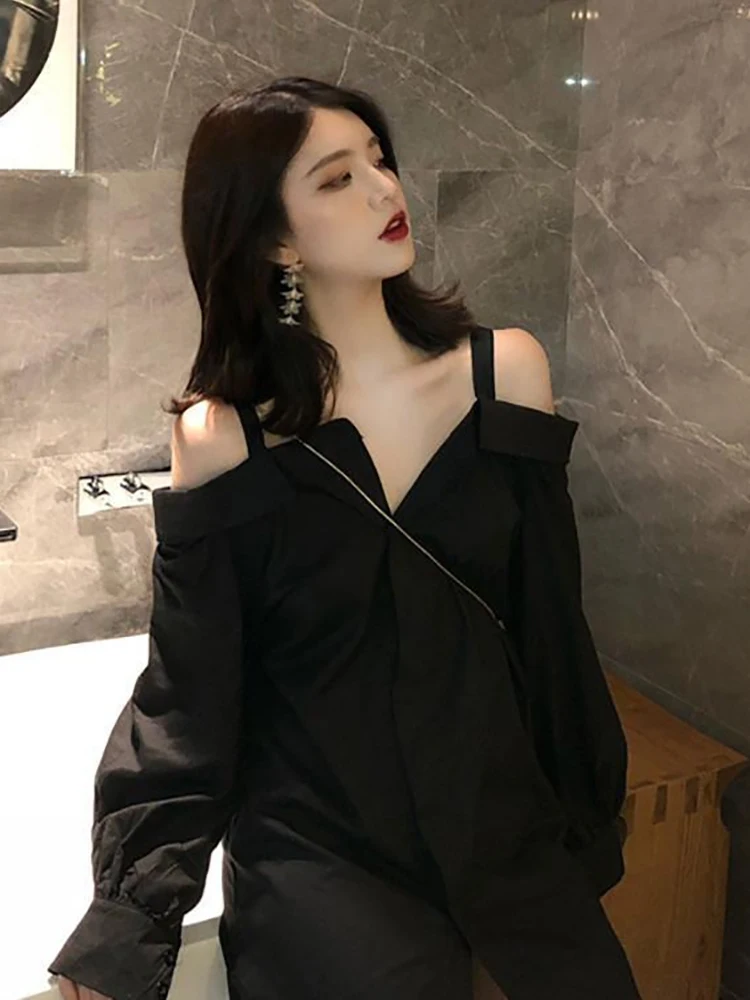 

plus Size Sexy Shoulder Bared Shirt Women's Loose One Shoulder Black Dress Slimming Dress Spring Summer Korean Style Long Sleeve