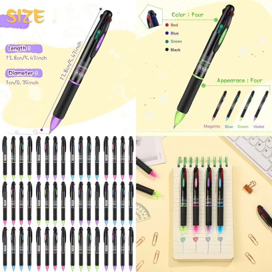 

48 упаковок разноцветных шариковых ручек 4 в 1, 4 цвета, выдвижные шариковые ручки 0,7 мм с цветными гелевыми чернилами с несколькими кончиками для обратно в