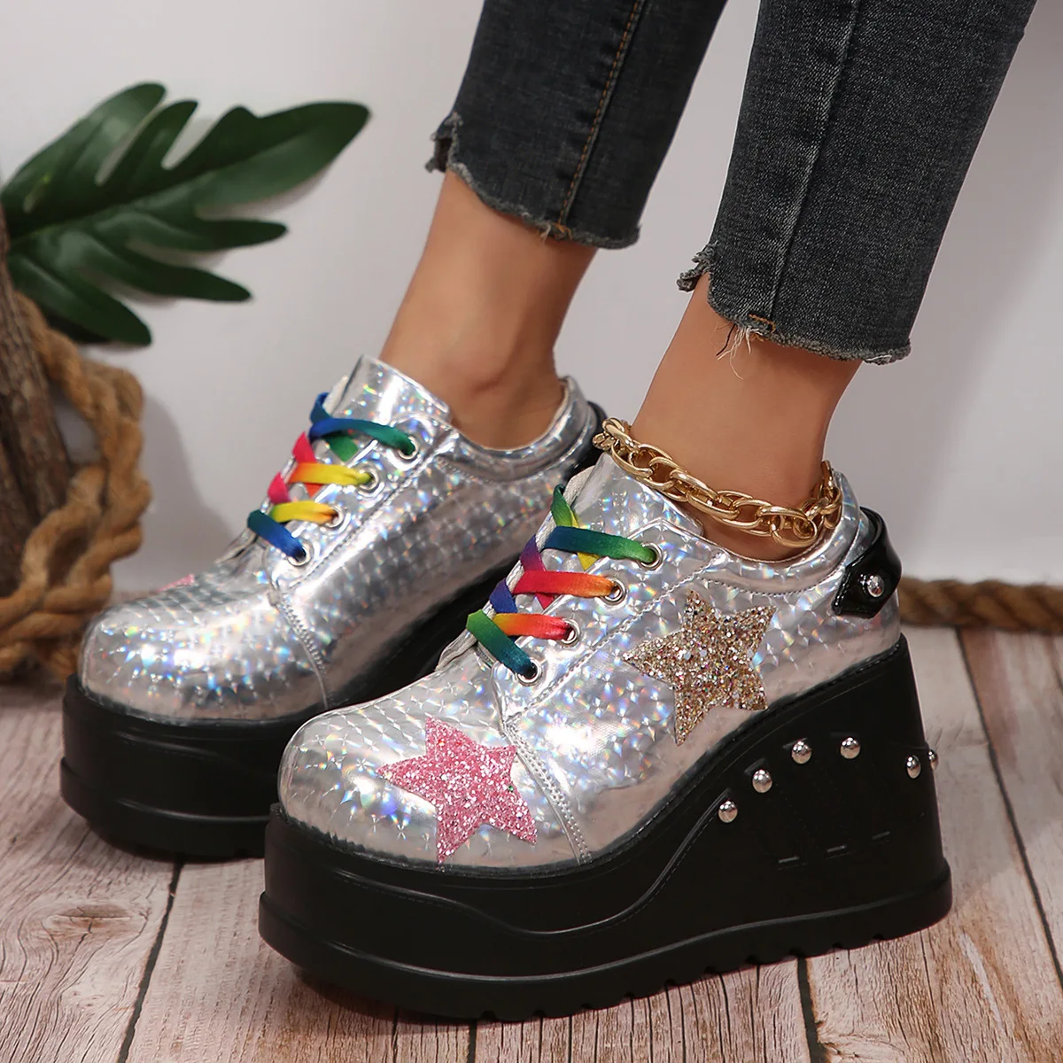 Platform Wedge Fashion Plus Size Rainbow Shoes Silver Upper Fashion Sequin Punk Women's Shoes