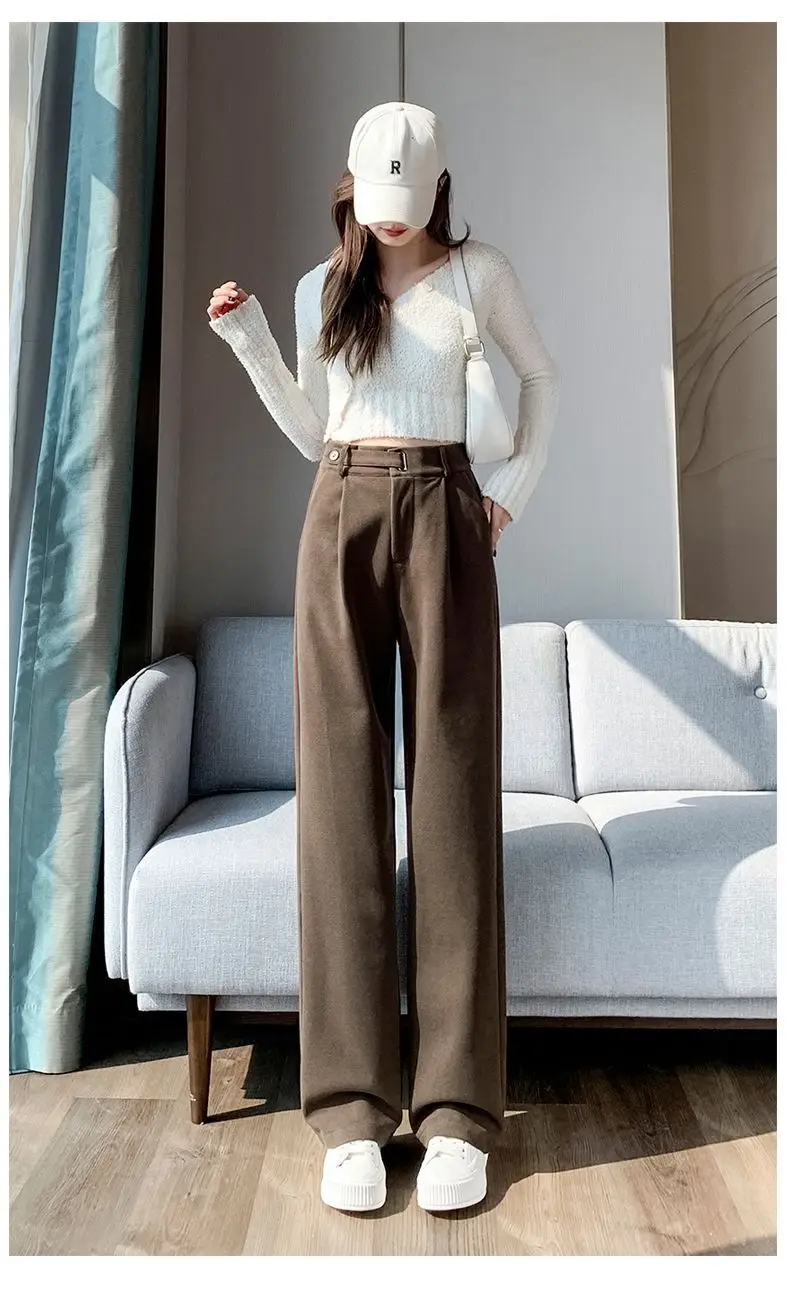 Brown Woolen High-end Suit Pants for Women in Autumn and Winter 2023 New Narrow Version Straight Wide-leg Pants with Drape