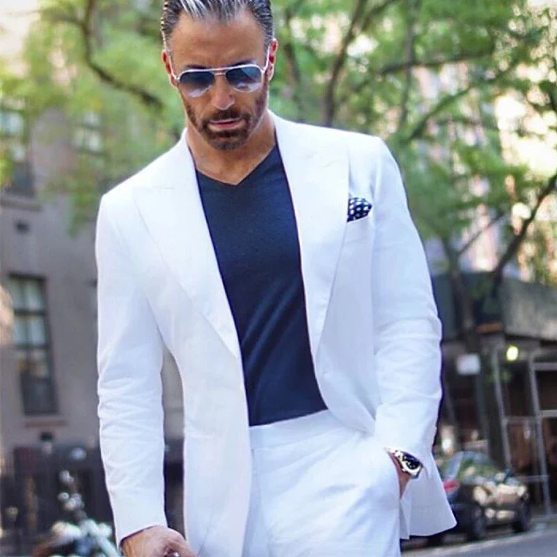 

White Casual Men Suits for Wedding Peaked Lapel 2 Piece Male Jacket with Pants 2024 Groom Tuxedo Fashion Costume