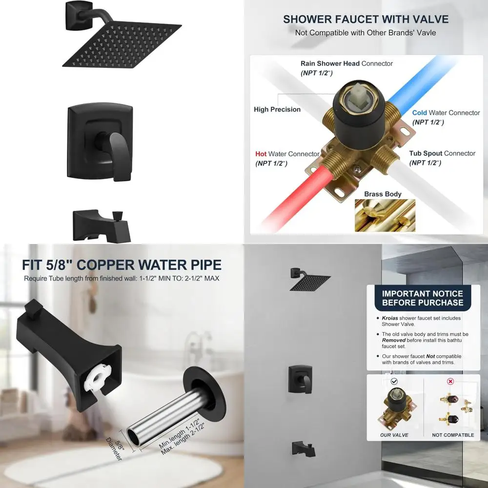 

Matte Black Shower System with Square Rain Shower Head and Tub Spout, 8-Inch Rainfall Shower Head Included