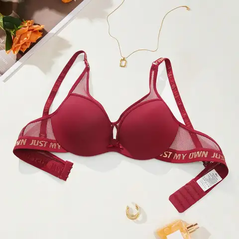 BEAUWEAR 두꺼운 패드는 작은 가슴을위한 와이어가있는 브래지어를 밀어냅니다. 여성 편지 인쇄 메쉬 속옷 통기성 75B 80B 85B 90B