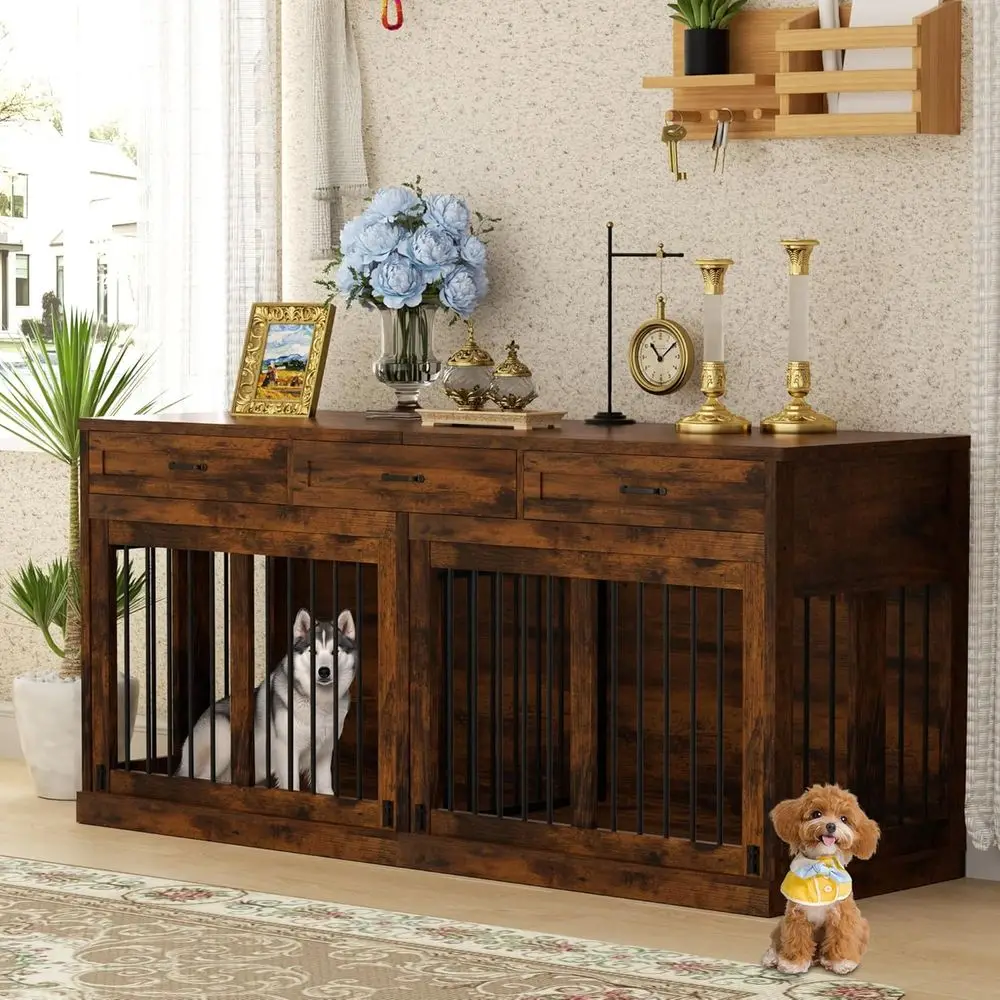 

Клетка для собак из массива дерева, усиленная, для крупных пород, на 2 собаки, со съемной перегородкой и функцией подставки для телевизора