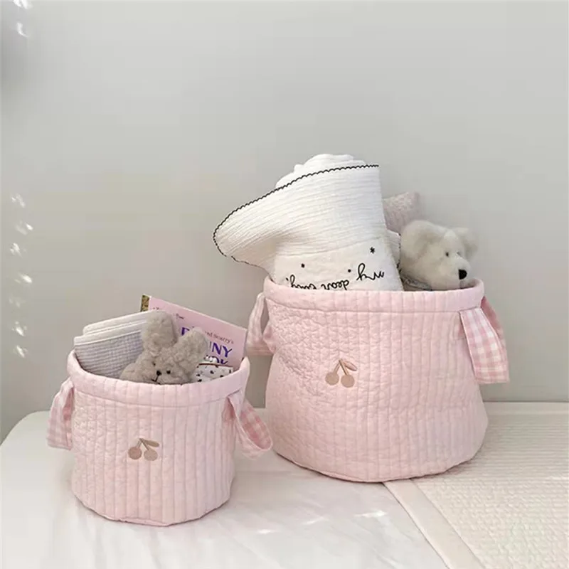 Cesta de almacenamiento de cereza rosa con nombre personalizado, bolsa de almacenamiento bordada para bebé, cesta de almacenamiento de ropa, Cubo de almacenamiento de juguetes para niños