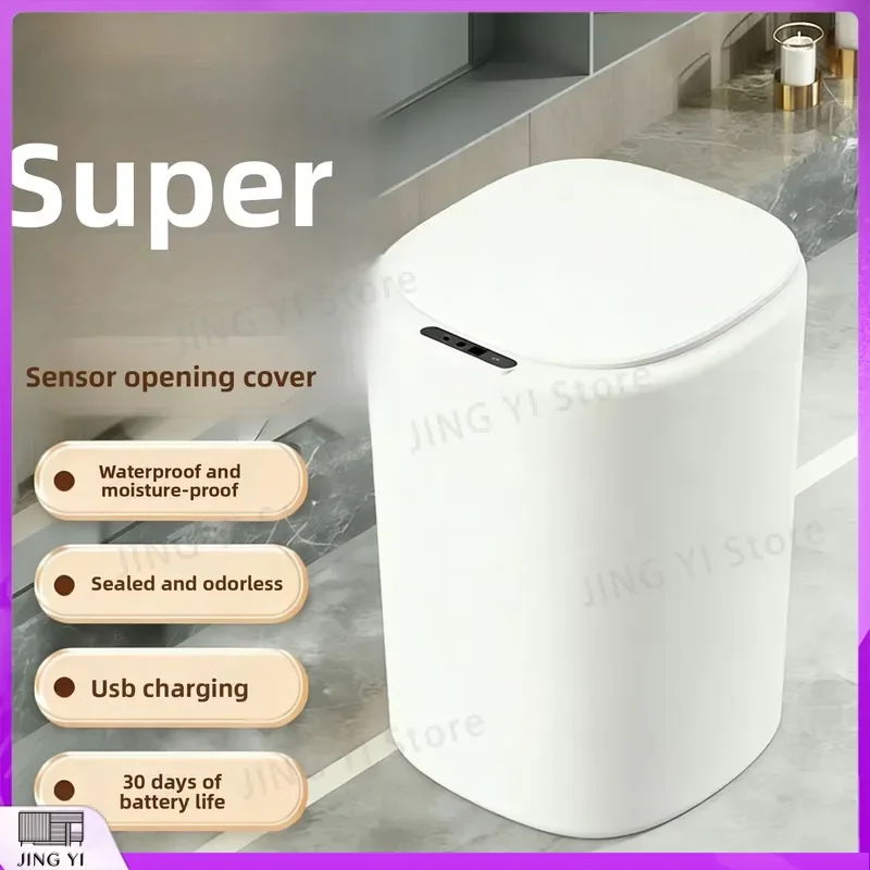 Smart Sensor Trash Can Automatic Lid USB Rechargeable Waterproof Sealed Waste Bin with LED Light for Kitchen Bathroom Hotel