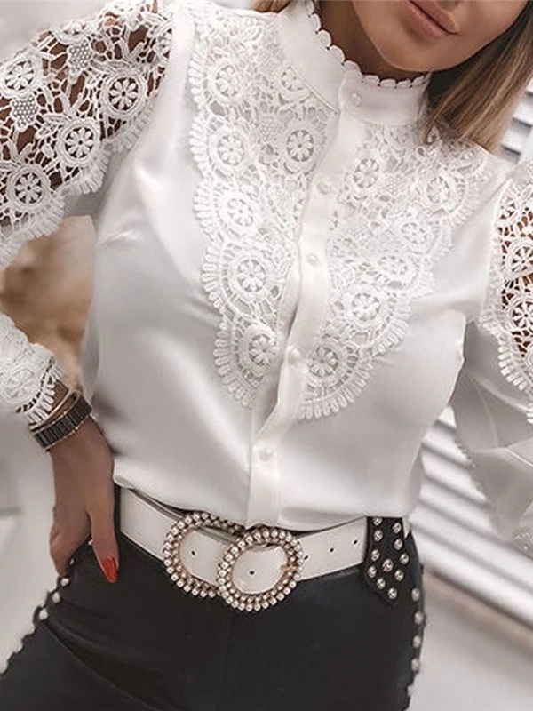 Ladies Long Sleeve Lace Collar Shirt Spring Autumn White Floral Trim Fashionable Women's Shirt Anti-Wrinkle Maintains Shape