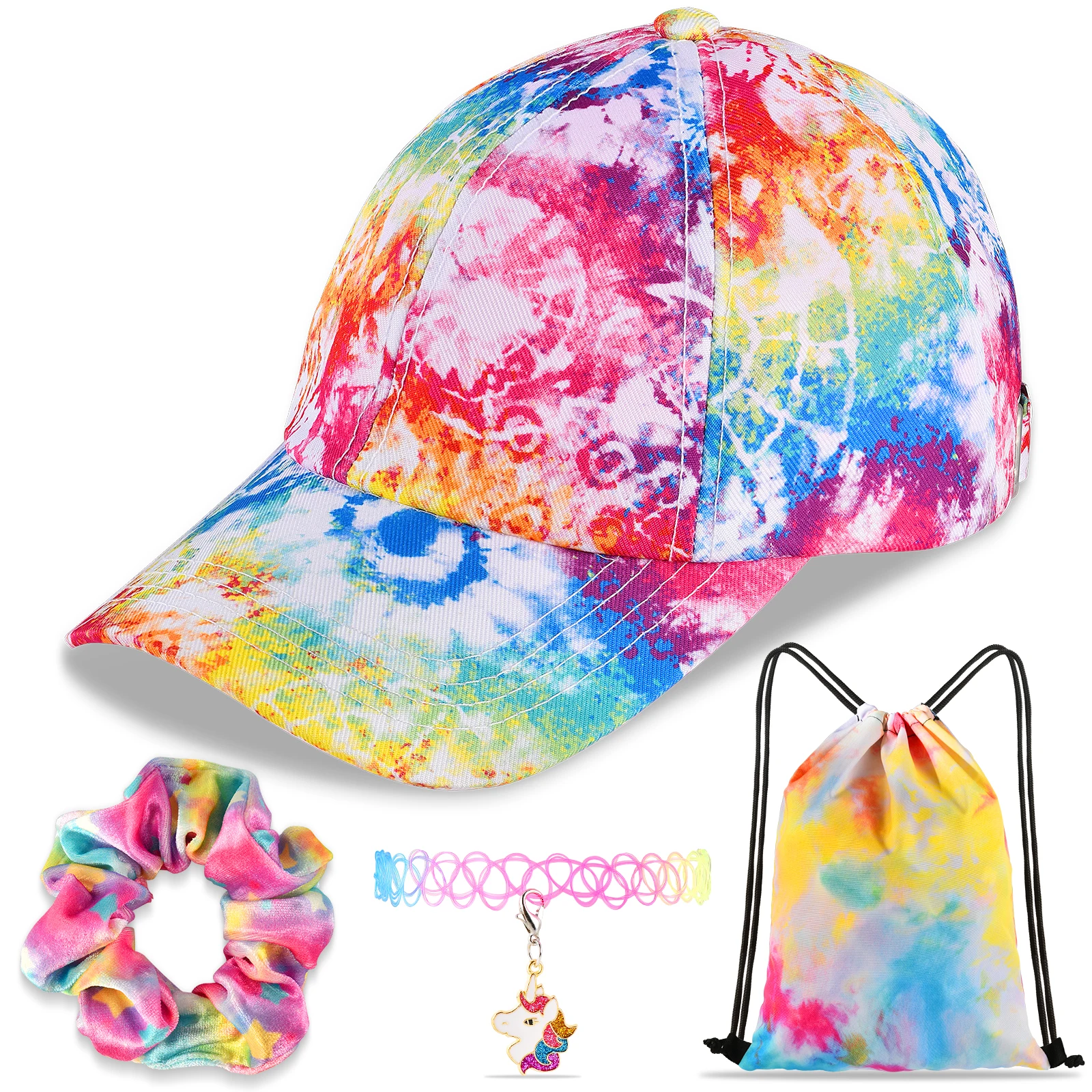 Rainbow Tie-Dye Baseball Cap Dad Cap Unicorn Girls Gift Set for Outdoor Sports