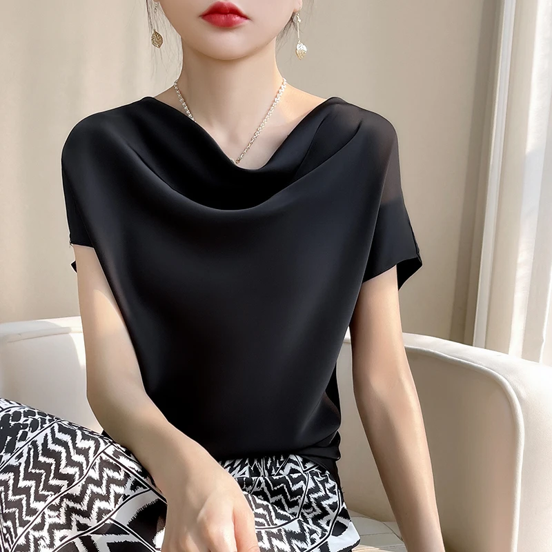 Summer New Simple Style Loose Stacked Collar Solid Silkworm Silk Gloss Pure Smooth Women\'s Short Sleeve Top T-shirt