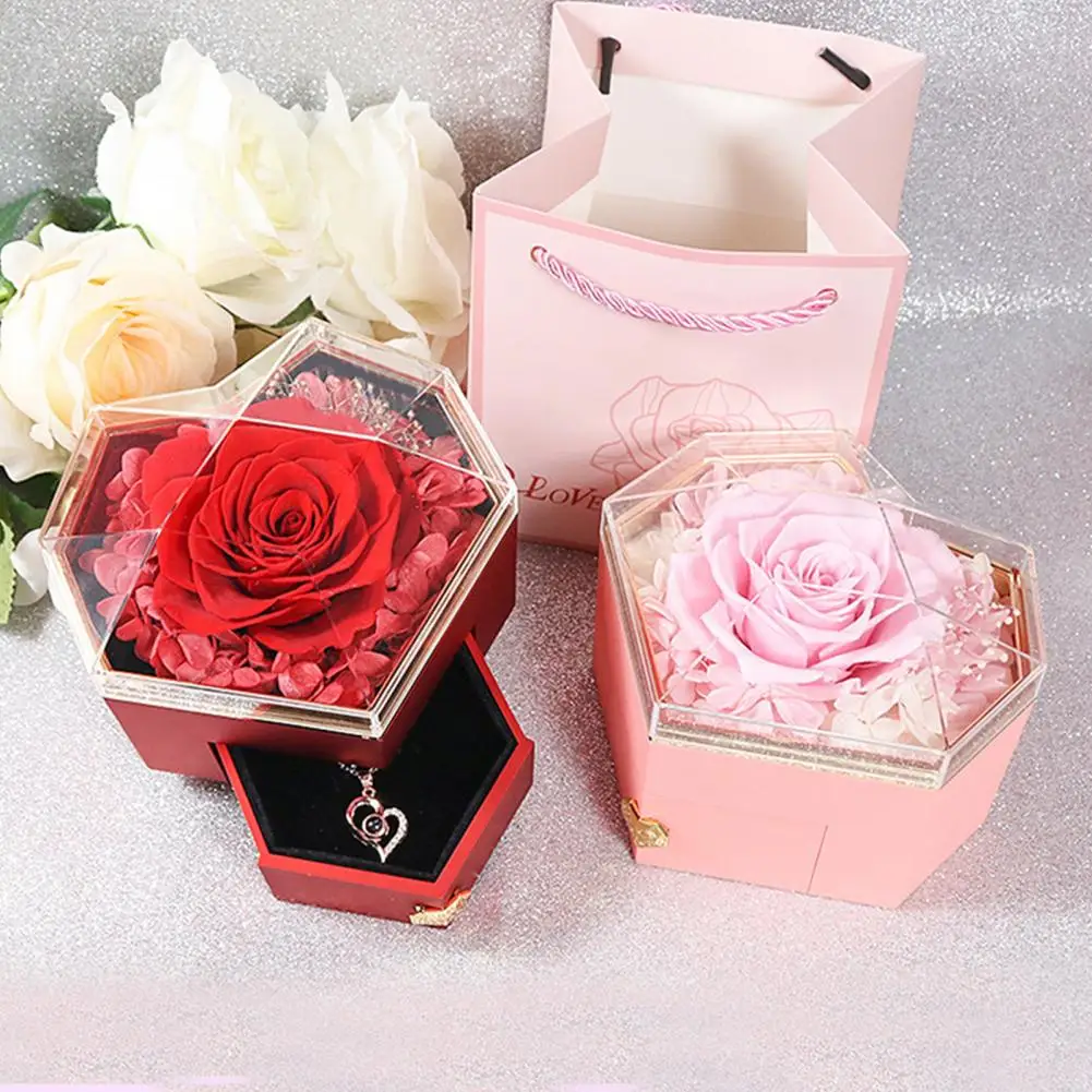 Heart-shaped Ring Box Eternal Love Preserved Rose Jewelry Box Set for Her Heart Shape Necklace Ring Holder with Hidden Drawer