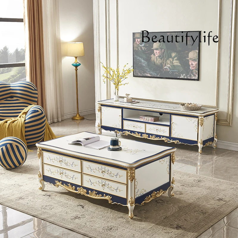 Light Luxury Coffee Table TV Cabinet Combination All Solid Wood French Side Cabinet Living Room American Painted Floor Cabinet