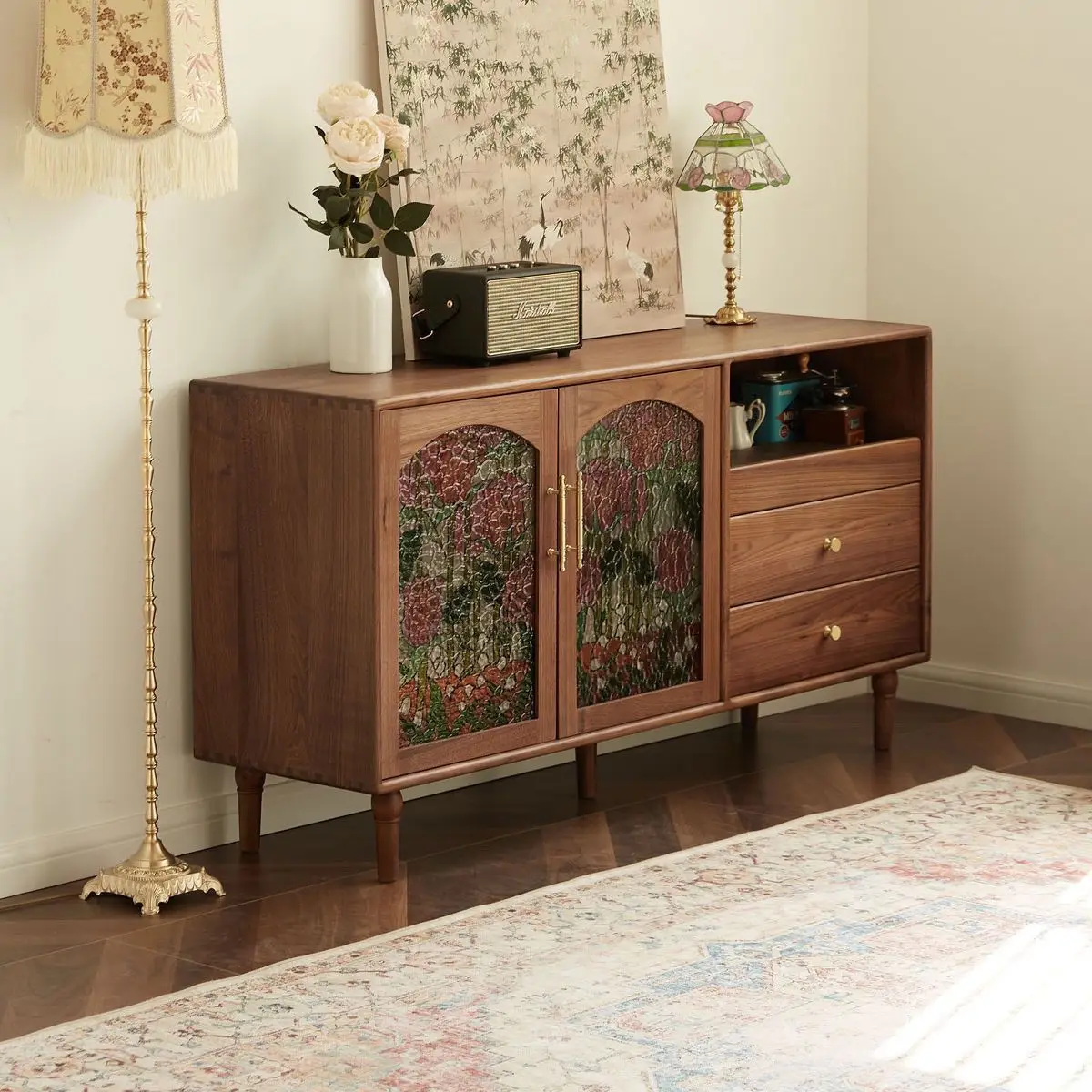 

Customizable side cabinet integrated against the wall living room cabinet black walnut home retro multi-function
