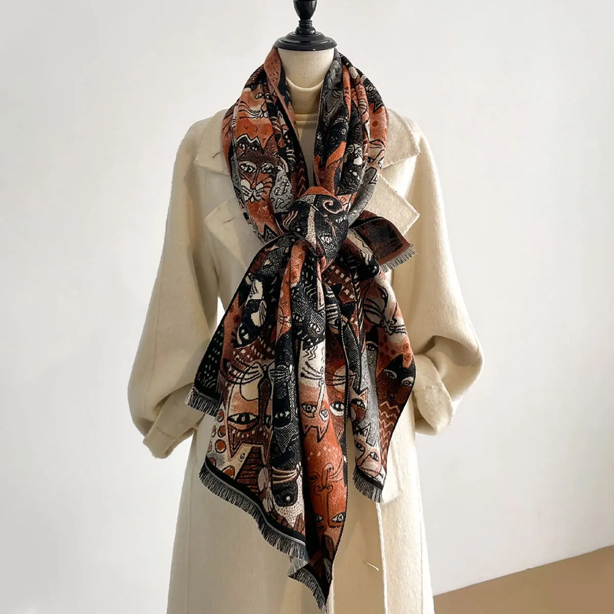 Damen High-End-Katzen-Design, Herbst-Winter, doppelseitiger Jacquard, Premium-Schals aus Kaschmirimitat, verdickter großer Schal – Detail 6