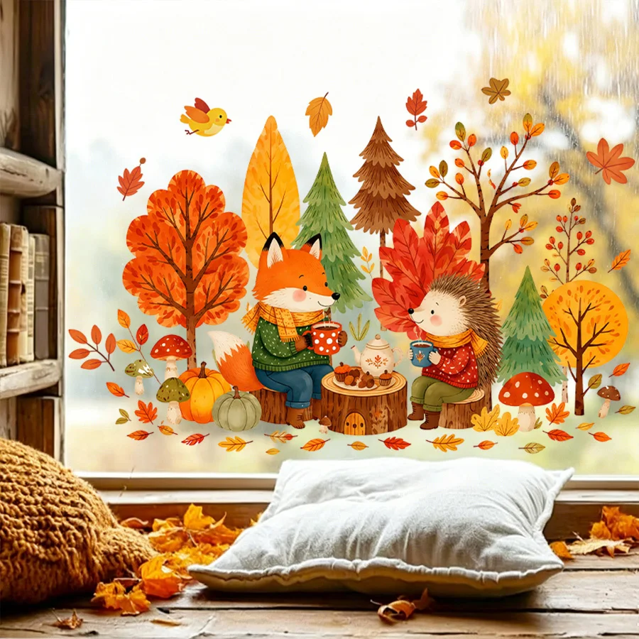 1PC Autumn Window Cling, Cute Fox Hedgehog Tea Party PVC Static Cling, Reusable 2D Fall Thanksgiving Window Decor
