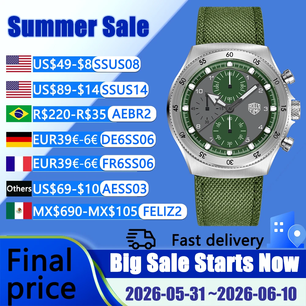 

2026 men's watch RollsTimi fashion men's quartz watch VD55 men's chronograph sapphire waterproof stainless steel nylon watch men
