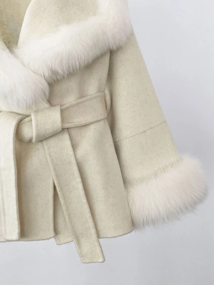 여성용 천연 울 혼방 캐시미어 리얼 퍼 코트 울 재킷 더블 브레스티드 벨트 따뜻한 스트리트웨어 패션 겨울 의류