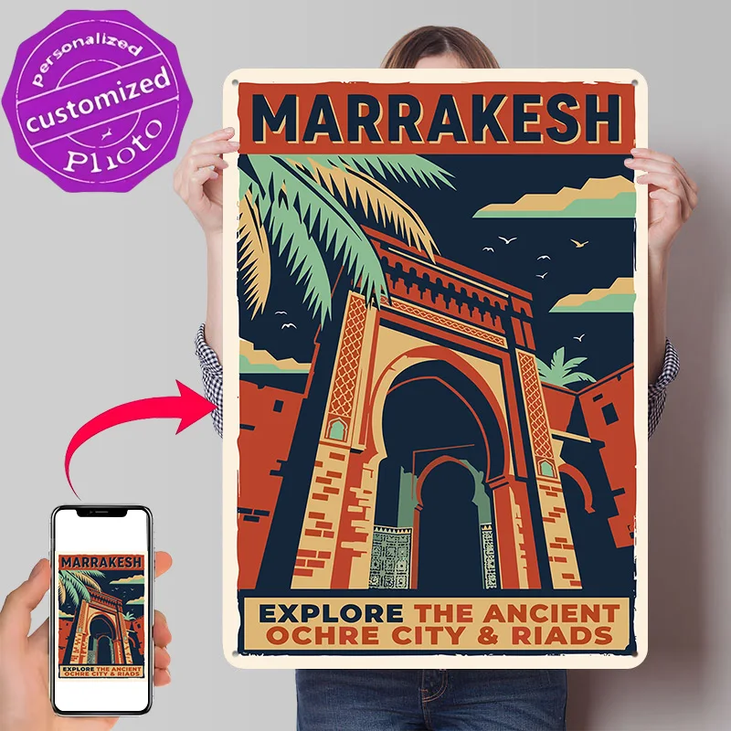 Marrakesh Morocco Travel Ochre City Architectural 3D Texture Metal Poster Customized Wall Art Tin Sign Gift for Mancave Decor