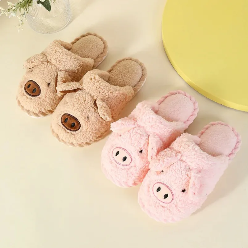 Winter Warm Slipper Women Pig Fluffy Fur Plush Indoor Lazy Female Thermal Furry Home House Fuzzy Shoe Flat Flip Flop Ladies