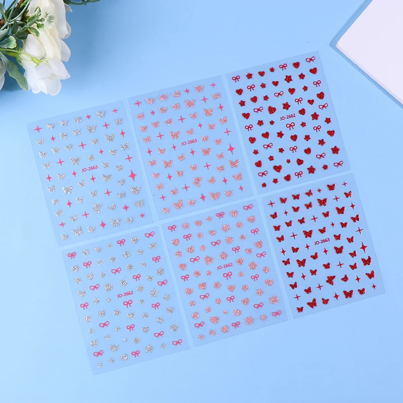 Pink Butterfly Butterfly Bow Nail Stickers Shiny Laser 3D Butterflies Nail Decals Adhesive Butterfly