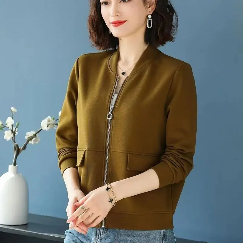 

Women Clothing Korean Fashion Vintage Zipper Bomber Jackets Casual Solid Long Sleeve Loose Baseball Jacket Elegant Outerwears