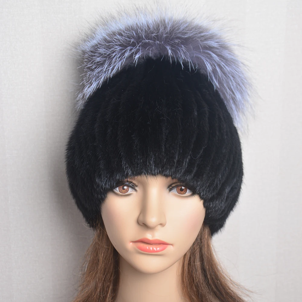 New Luxury Women Winter Mink Fur Hats Knitted Real Mink Silver Fox Fur Caps Female Russian Winter Warm Real Fur Beanies Hat