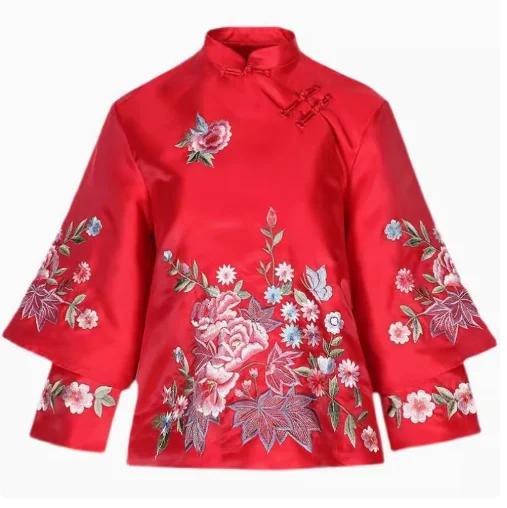 Chinese Style Retro Button Up Collar Red Cheongsam Top Shirt