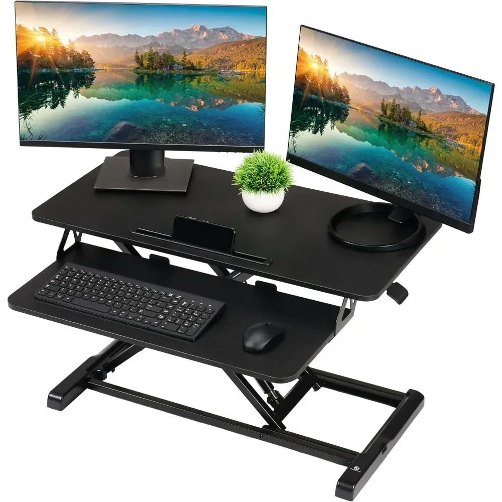 

Standing Desk Converter Sit to Stand Up Desk Workstation, Particle Board, Dual Monitor Deskwith Keyboard Tray