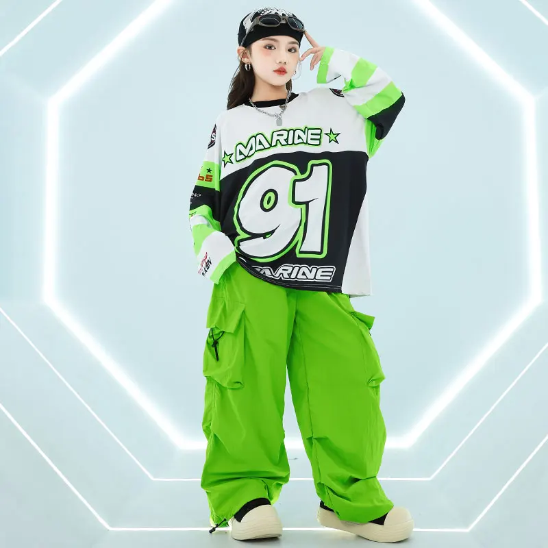 Novas meninas legal k-pop moletom verde calças de carga outfit meninos hip hop rua dança conjuntos roupas grupo jazz streetwear trajes