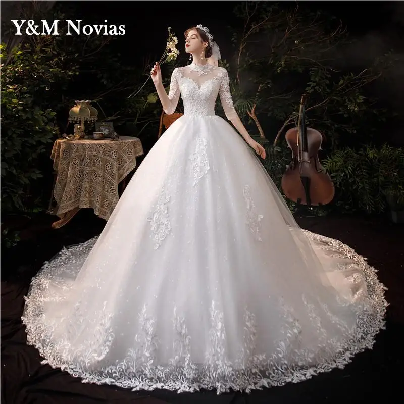 Luxo rendas applique longo trem vestidos de casamento bordado vestido de noiva alta plus size com manga três quartos vetidos novia