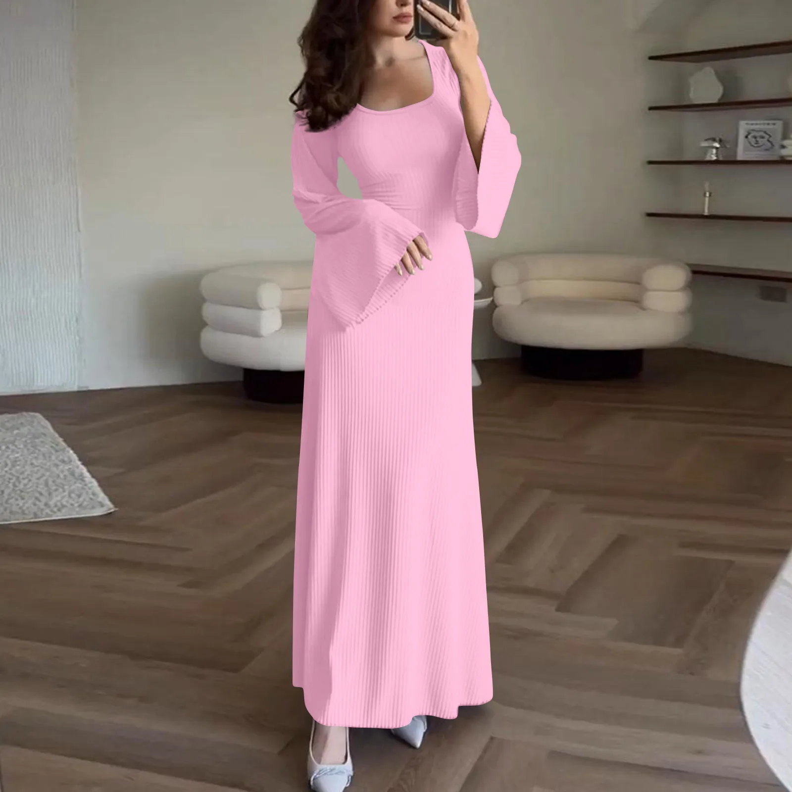 Women's Dress Elegant Tie-Waist Knitted Horn Sleeve Maxi Dress For Women U Neck Solid Color Long Dress Ribbed Bodycon Fall Dress