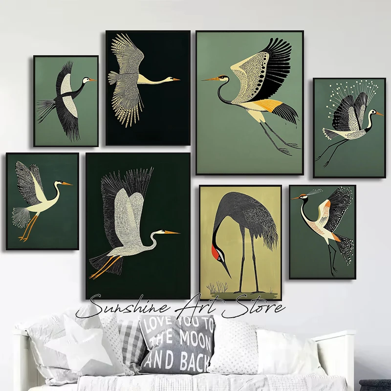 Fancy Flying Crane Wall Art Retro Mid Century Modern House Painting Vintage Japandi Poster Canvas Painting Wall Pictures Decor