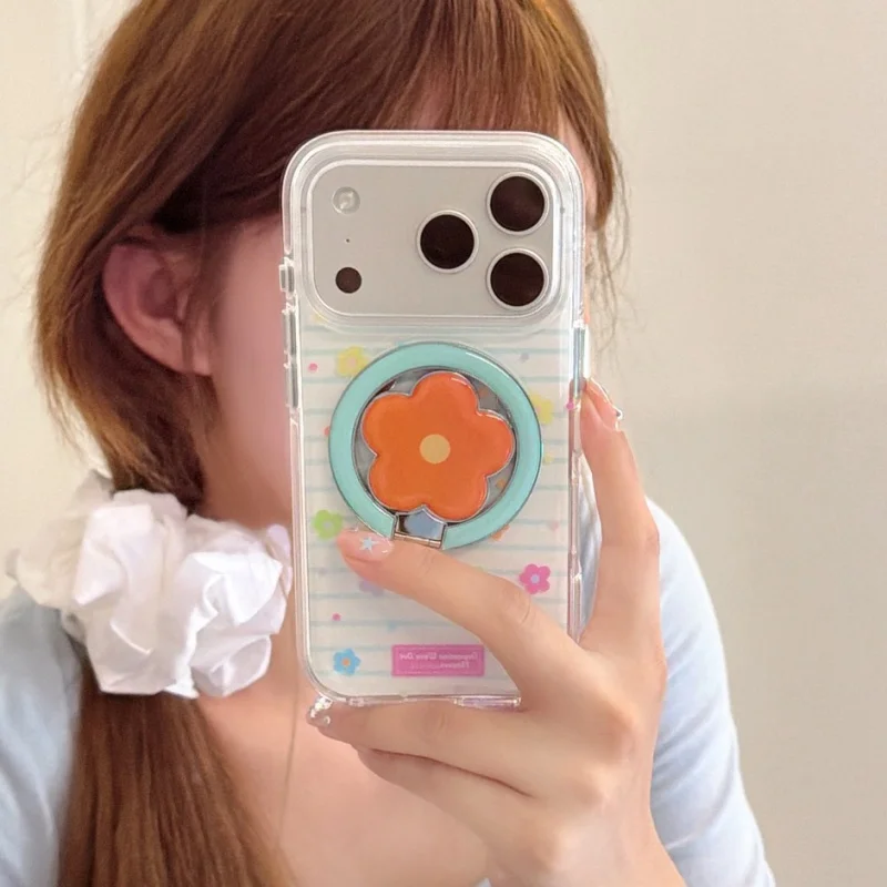 

Korean Cute Small Flower Color Stripes Magnetic Phone Case For iPhone 17 Pro 16 15 14 Pro Max Back Cover with Stand For Magsafe