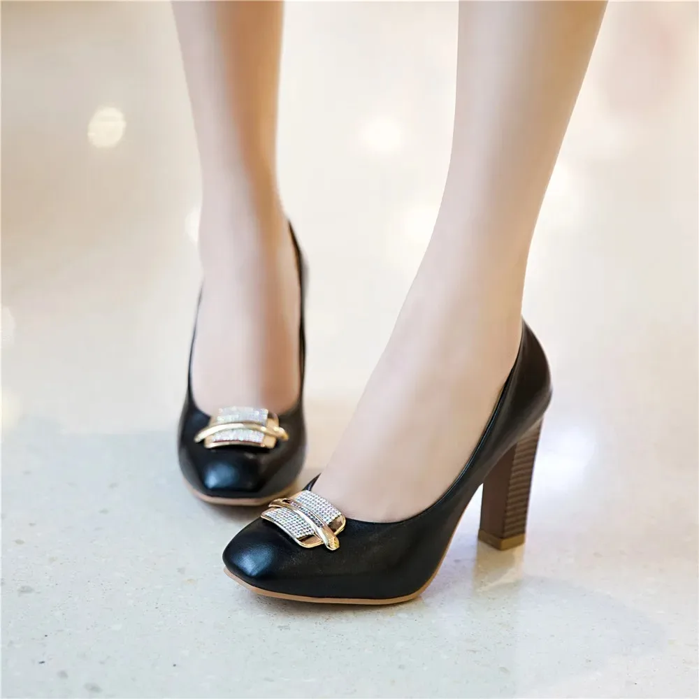 Block High Heels Women Elegant Fashion Metal Decorations Rhinestone Square Toe Party Dress Wedding Pumps Shoes Big Size 45 T711