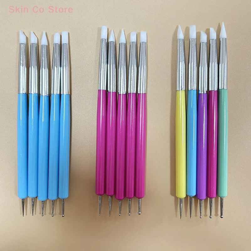 [CO]5Pcs 2 Way Nail Art Acrylic Silicone Point Flower Nail Pen Stainless Steel Dotting Tools Marbleizing Painting Pens[CO]