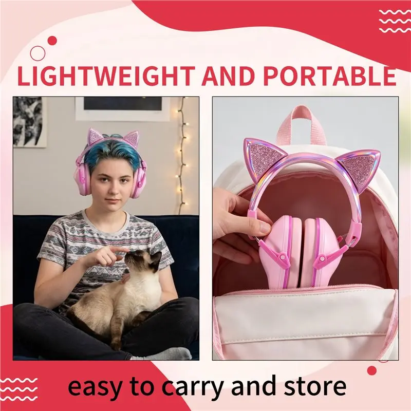 TEXU Pink Cat Ears Kids Earmuffs Adjustable Anti-Noise Hearing Protector For Children For Study & Sleep Noise Cancelling