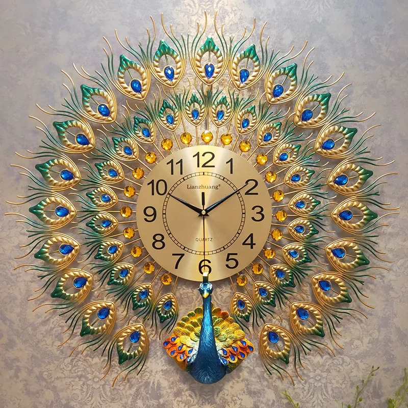 Home Decoration Luxury Gold Wall Art Craft Modern Big Peacock Design Silent Non-Ticking Clock Wall For Living Room Decoration