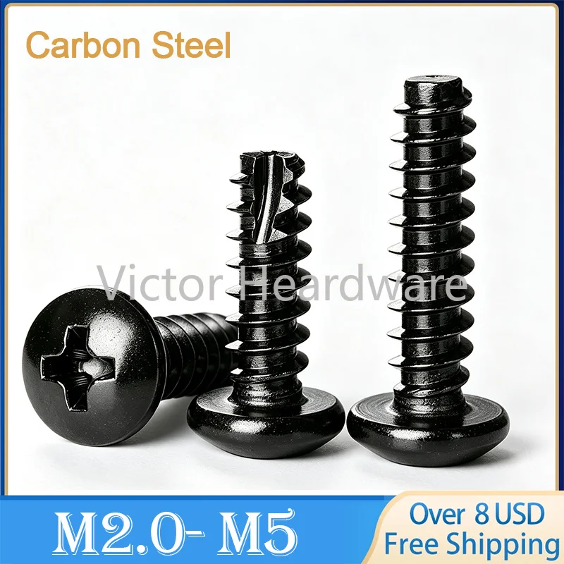 M2 M2.3 M2.6 M3 M4 M5 Black Zinc Plated Carbon Steel PT Pan Round Head Tail-Cut Self Tapping Screw Phillips Cross Head