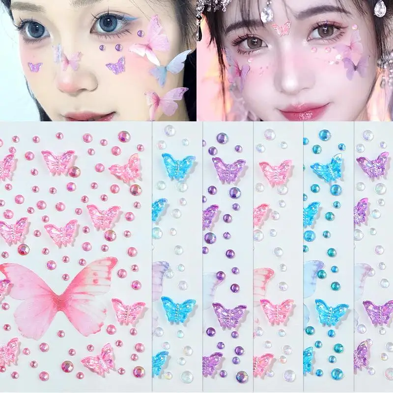 1Pcs 3D Butterfly Crystal Diamond Face Sticker Stick-On Butterfly Rhinestone Tattoos Stickers for Stage Daily Makeup Decor Suppl