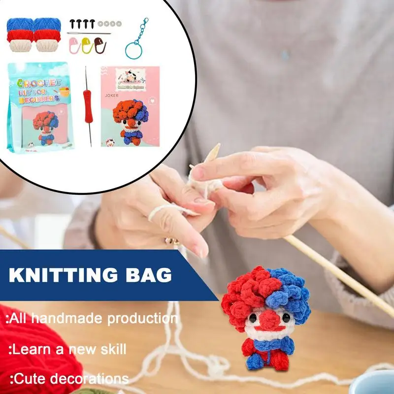 Knitting Kit For Beginners Red And Blue Cute Crochet Kit Clown Start Kit Craft Knitting Kit Step-by-Step Crochet Supplies With