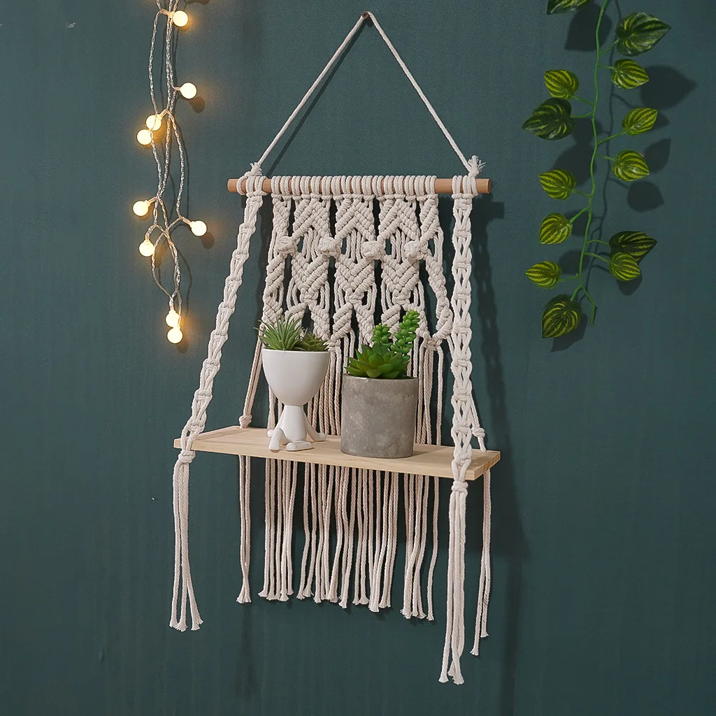 2026 New Bohemian Hand Woven Tapestry Wall Storage Shelf Hanging Bedside Rack Wall Decor for Homestay Hotel Living Room